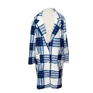 Check Plaid Lightweight Coat Jacket Button Front Pockets White Blue Women's XL‎